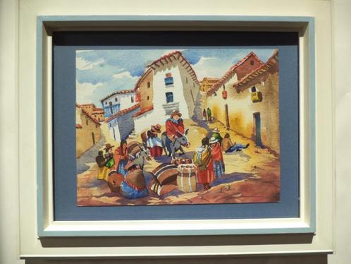 ca1970 Zuid-Amerikaanse geanimeerde dorpsscène Peru Mexico, Antiek en Kunst, Kunst | Schilderijen | Modern, Ophalen of Verzenden