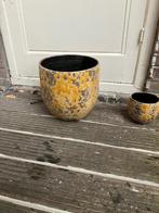 Set bloempotten keramiek | Geel-bruin glazuur, Rond, Tuin, Zo goed als nieuw, Aardewerk