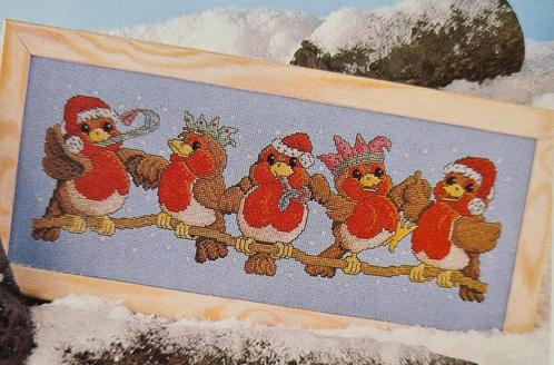 5 roodborstjes op een rij Kerst borduurpatroon, Hobby en Vrije tijd, Borduren en Borduurmachines, Nieuw, Patroon, Handborduren