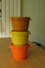 Tupperware 3 bewaardozen - Retro kleuren - Zonnedeksel, Ophalen, Gebruikt, Bruin, Bus of Trommel