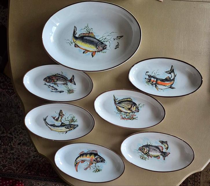 Vintage visservies 7dlg, serveerschaal en 6 ovale borden.'40, Antiek en Kunst, Antiek | Schalen, Ophalen of Verzenden