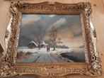 Groot Klassiek schilderij winter tafereel, winterlandschap., Ophalen of Verzenden
