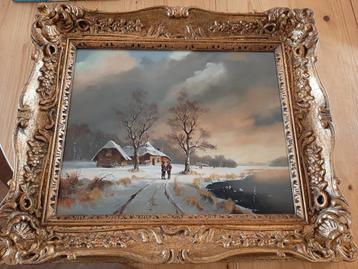 Groot Klassiek schilderij winter tafereel, winterlandschap. 