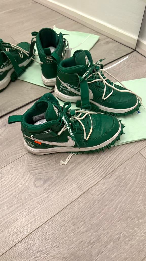 Off-White x Nike Air Force 1 Mid SP Pine Green/White 42,5, Ophalen of Verzenden, Zo goed als nieuw, Wit, Sneakers of Gympen