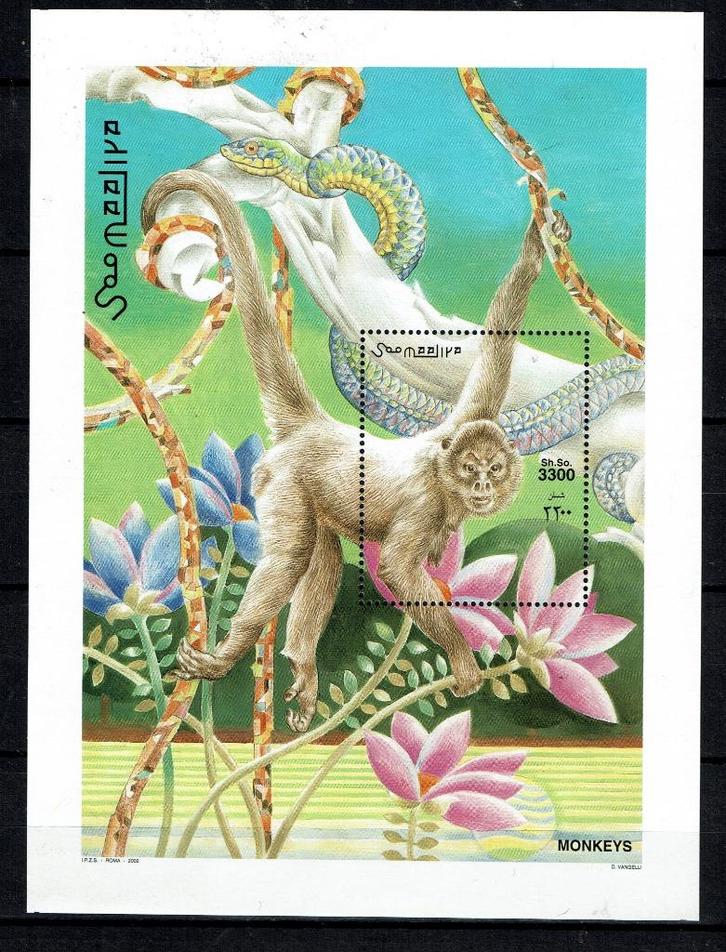 somalie 2002 pf blok apen wildlife zoogdieren bloemen, Postzegels en Munten, Postzegels | Thematische zegels, Postfris, Dier of Natuur