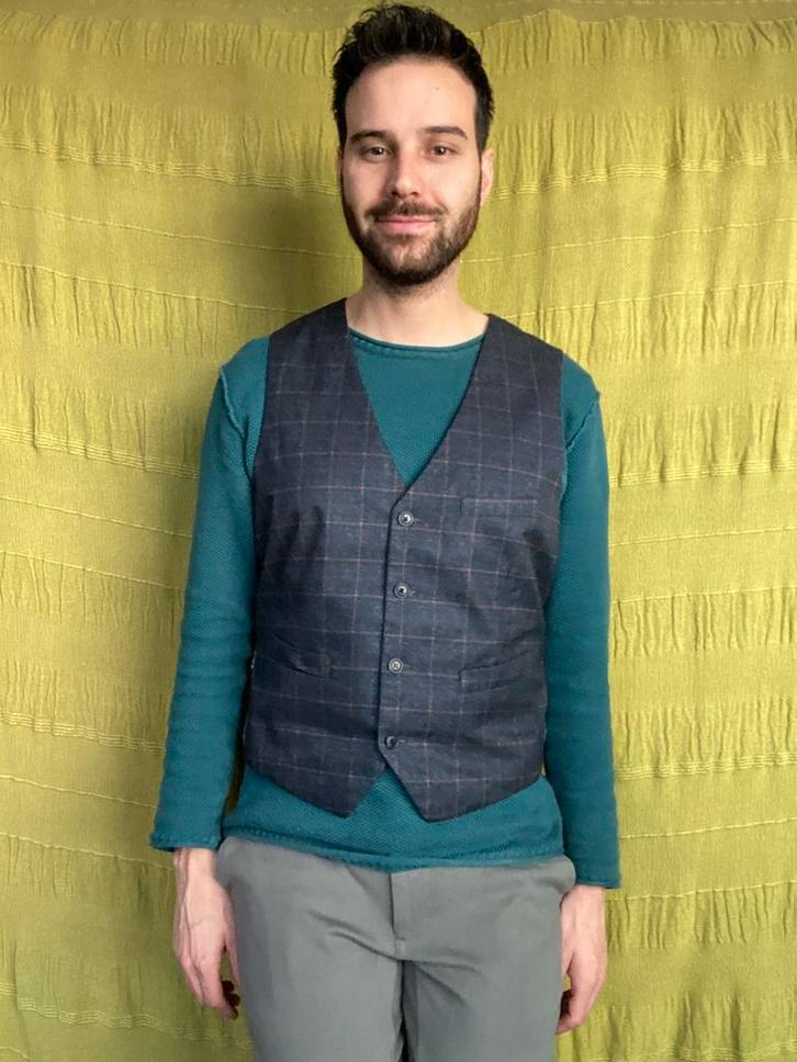 Vintage gilet / waistcoat / denim look / large / L, Kleding | Heren, Kostuums en Colberts, Gedragen, Maat 52/54 (L), Blauw, Ophalen of Verzenden