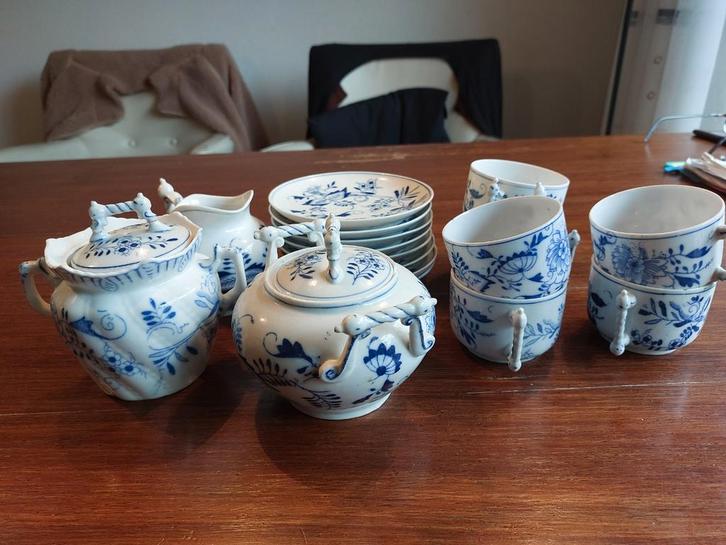 Antiek Theeservies Blauw Wit, Antiek en Kunst, Antiek | Servies compleet, Ophalen of Verzenden