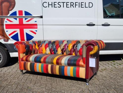 Chesterfield bank patchwork multicolor leer, Huis en Inrichting, Banken | Bankstellen, Gebruikt, 75 tot 100 cm, Leer, Ophalen