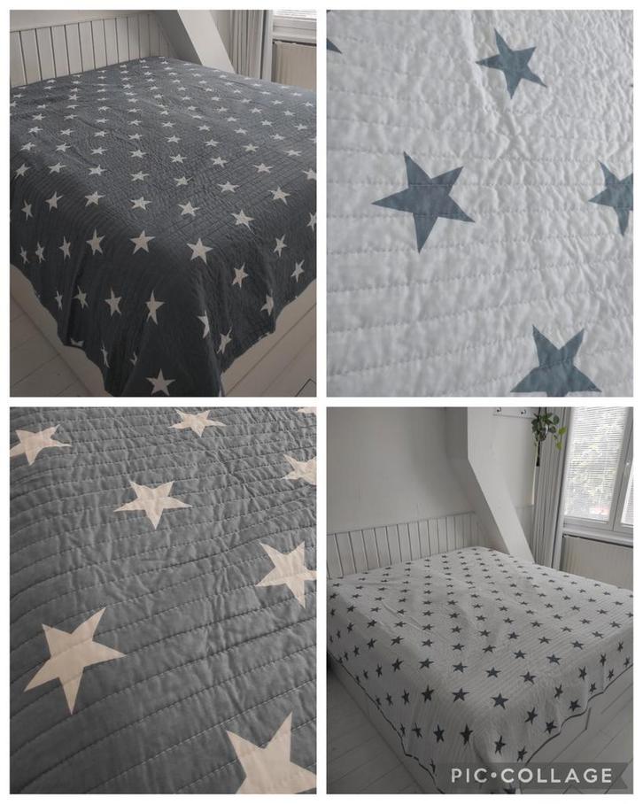 Brocante Quilt sprei Sterren/Stars grijs wit 200x220, Huis en Inrichting, Slaapkamer | Beddengoed, Zo goed als nieuw, Overige typen