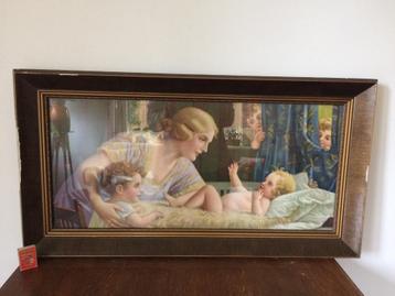 Jaren 50 moeder met haar kindje & baby op commode schilderij beschikbaar voor biedingen