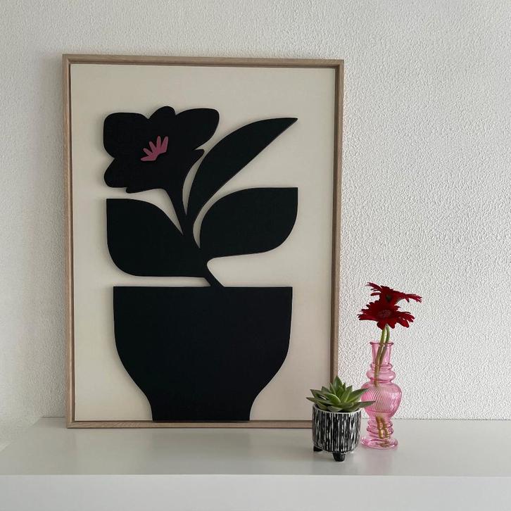 Schilderij van hout "plant in pot" - maat: 60 X 45 cm., Huis en Inrichting, Woonaccessoires | Schilderijen, Tekeningen en Foto's