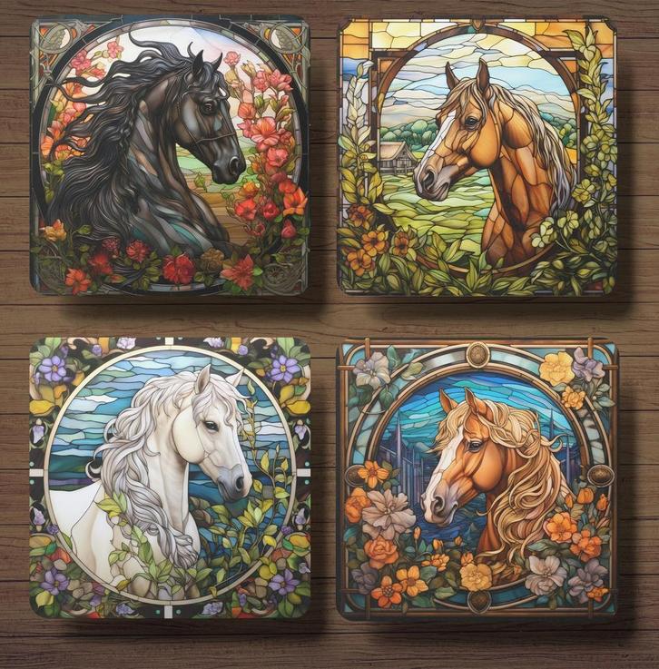 Paarden Glas in Lood onderzetters met houder, Huis en Inrichting, Woonaccessoires | Onderzetters, Nieuw, Glas of Kopje, Ophalen of Verzenden