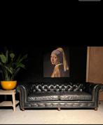 Chesterfield Bank Zwart generfd Leer 2.40 breed, Gebruikt, Stoer Industrieel, Leer, Ophalen of Verzenden