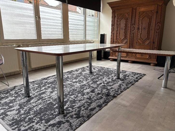 Witte tafel met chrome poten + verlengstuk, Huis en Inrichting, Tafels | Eettafels, Gebruikt, 50 tot 100 cm, 150 tot 200 cm, Vijf personen of meer