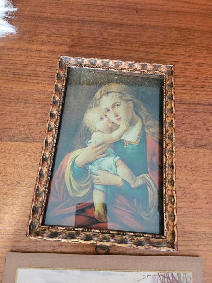 Antiek Lijstje Maria met Kerstkaart Zoldervondst, Antiek en Kunst, Kunst | Tekeningen en Foto's, Ophalen of Verzenden