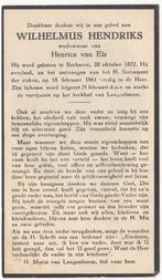 Wilhelmus Hendriks 1872 Escharen + 1961 Mill en St. Hubert, Verzenden, Bidprentje