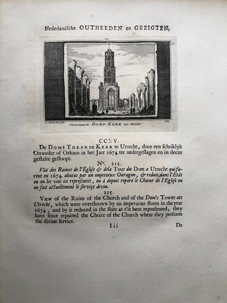 215 / Utrecht de Domskerk in Ruïne Kopergravure 1732, Antiek en Kunst, Kunst | Etsen en Gravures, Ophalen of Verzenden