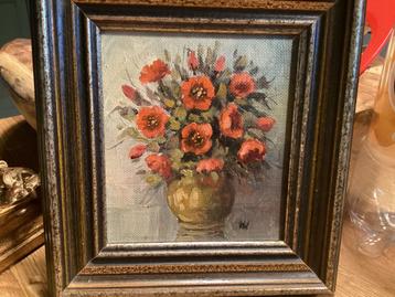 Gesigneerd schilderij op canvas, bloemen in vaas beschikbaar voor biedingen
