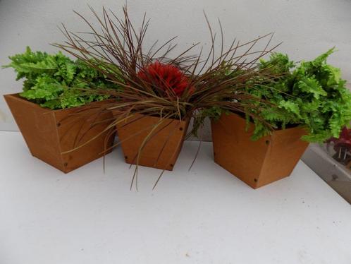 Bloempotten hout opvolgend in grootte metalen bodem, Tuin en Terras, Bloempotten, Gebruikt, Minder dan 25 cm, Rond, Ophalen of Verzenden