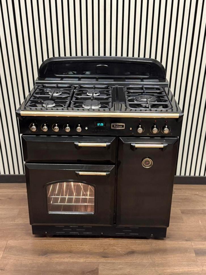 Luxe Falcon Classic Fornuis zwart/messing 3 ovens 90 cm, Witgoed en Apparatuur, Fornuizen, Zo goed als nieuw, Vrijstaand, Gas