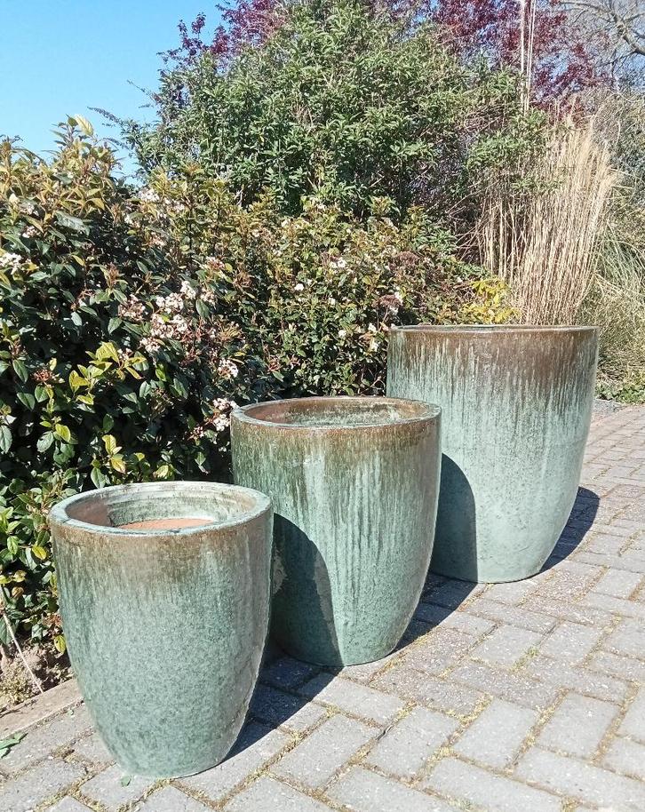 Zeer mooie grote geglazuurde potten high green moss., Tuin en Terras, Bloempotten, Nieuw, Terracotta, Binnen, Balkon, Tuin, 40 tot 70 cm