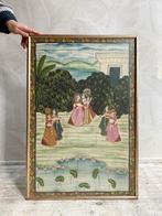 Vintage Indiaas zijde doek in lijst handgeschilderd, Ophalen of Verzenden