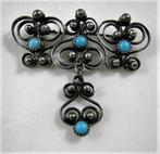 Antieke broche met turkooizen, opengewerkt zilver (3797), Ophalen, Zilver, Broche