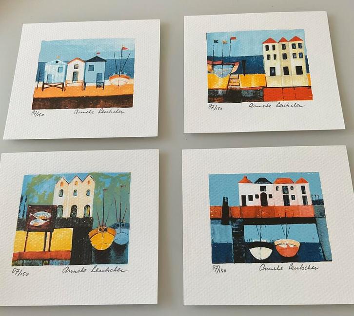 4 prachtige zeefdrukjes Anneke Leutscher “Landgezichten”, Antiek en Kunst, Kunst | Litho's en Zeefdrukken, Ophalen of Verzenden