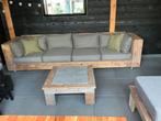 Loungebank steigerhout met tafel dikke kussens verrijdbaar, Ophalen of Verzenden, Zo goed als nieuw, Steigerhout, Bank