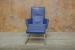 ZGANieuw! blauwe leren Label Don fauteuil + evt hocker!, Huis en Inrichting, Fauteuils, Design, Metaal, 75 tot 100 cm, Zo goed als nieuw