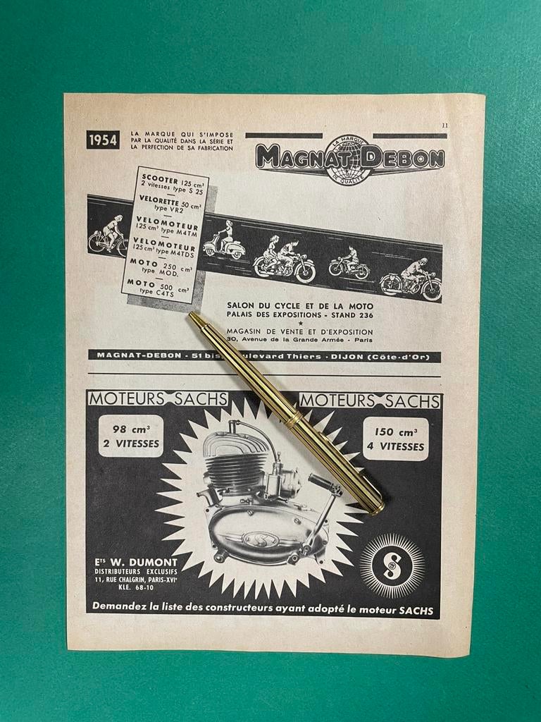 Sachs Motorcycle Advertentie 1954 FRA (Origineel), Ophalen of Verzenden, 1940 tot 1960, Buitenland, Knipsel(s)