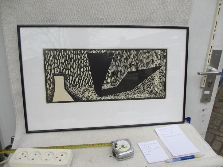 Abstracte linosnede  INFO WELKOM, Antiek en Kunst, Kunst | Etsen en Gravures, Ophalen of Verzenden