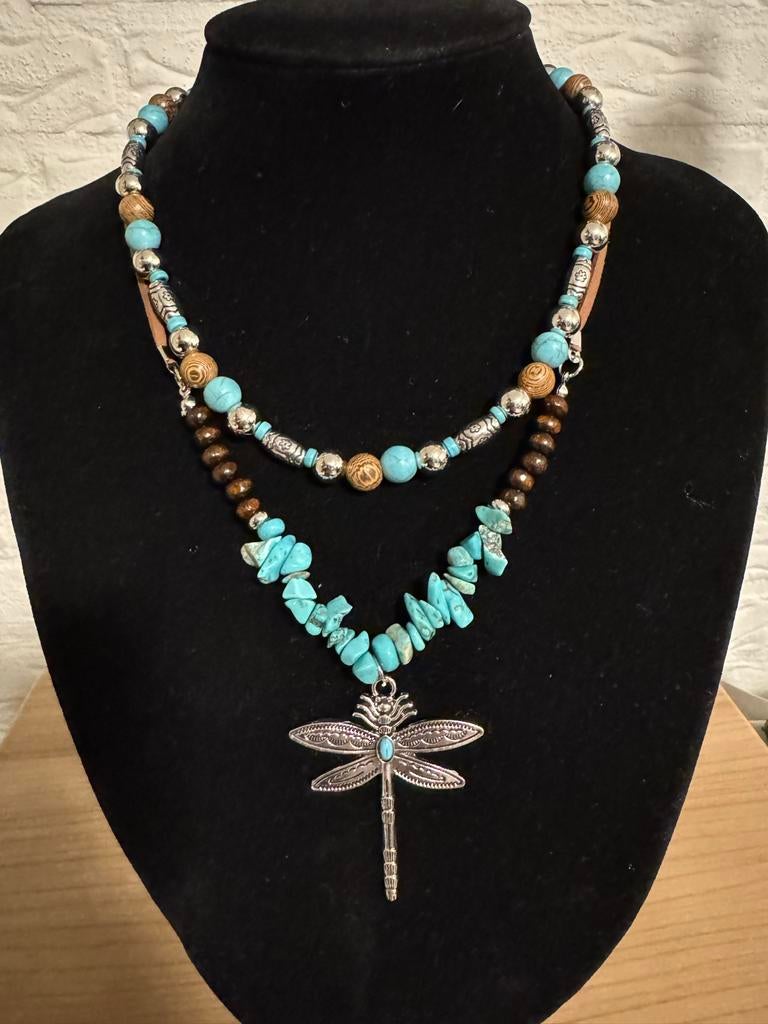 Turquoise Dragonfly Ketting Set, Sieraden, Tassen en Uiterlijk, Kettingen, Met hanger, Gebruikt, Blauw, Ophalen of Verzenden