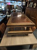 Midcentury Brutalist Eikenhouten Salontafel met Koper, Gebruikt, 100 tot 150 cm, Unknown, Unknown