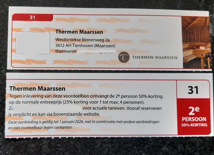 Sauna Thermen Maarssen 2e persoon 50% korting., Tickets en Kaartjes, Kortingen en Cadeaubonnen