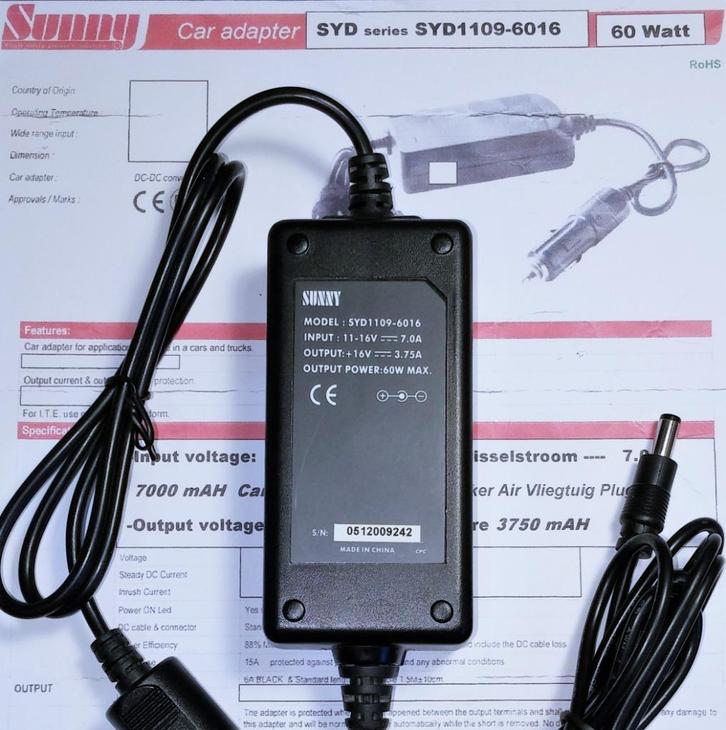 Sunny SYD1109-6016 DC DC Adapter 16V 3.75A 60W 2.5x5.5mm, Computers en Software, Laptop-opladers, Zo goed als nieuw, Ophalen of Verzenden