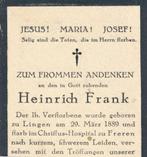 Lingen1889 - Leiden 1945  Heinrich Frank, Verzamelen, Bidprentjes en Rouwkaarten, Bidprentje, Verzenden