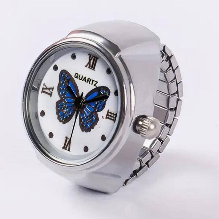 NIEUW Ring horloge wit zilver met blauwe vlinder, Sieraden, Tassen en Uiterlijk, Ringen, Nieuw, Dame, Zilver, Ophalen of Verzenden