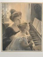 aquarel pastel tekening moeder en dochter piano berlin 1900, Ophalen of Verzenden
