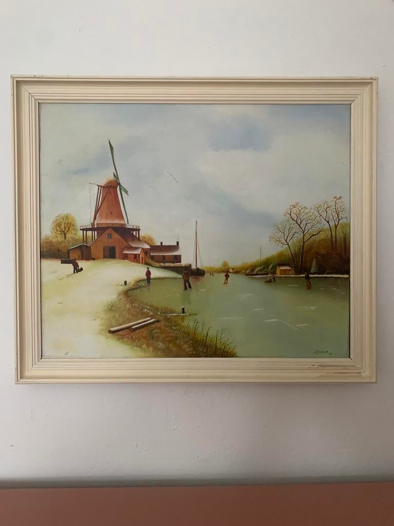 Schilderij van een Hollandse molen en schaatsers, Antiek en Kunst, Kunst | Schilderijen | Klassiek, Ophalen of Verzenden