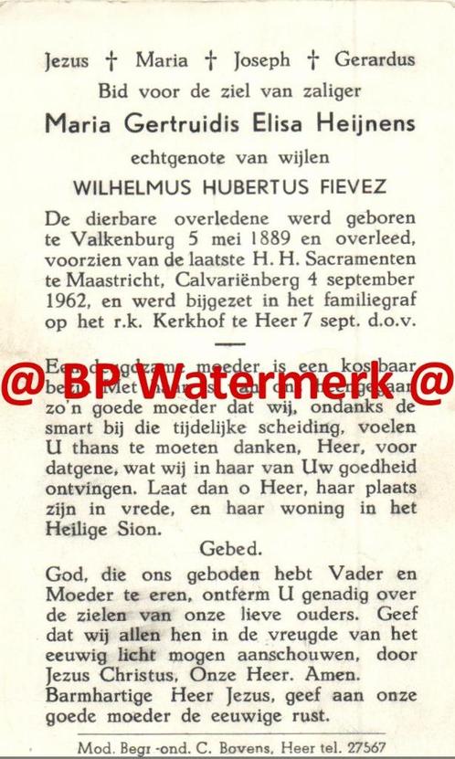 Heijnens Maria 1889 Valkenburg 1962 Maastricht Heer x Fievez, Verzamelen, Bidprentjes en Rouwkaarten, Bidprentje, Ophalen of Verzenden