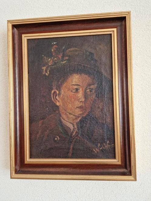Olieverf Schilderij Jongen met Hoed, Antiek en Kunst, Kunst | Schilderijen | Klassiek, Ophalen of Verzenden