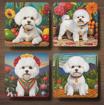 Bichon Frise Frida Kahlo onderzetters met houder beschikbaar voor biedingen