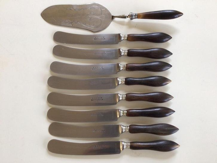 Acht tafelmessen, hoorn heft G.H. Rinck Rotterdam, Antiek en Kunst, Antiek | Bestek, Ophalen of Verzenden