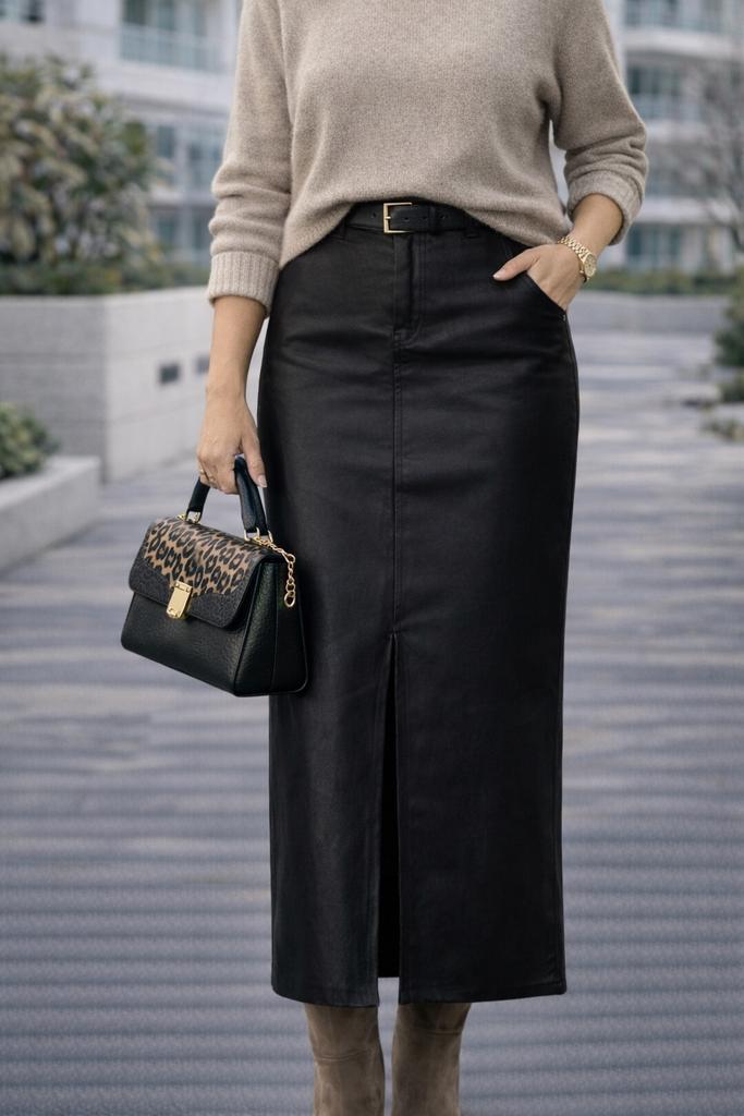 Leerlook rok (L), Kleding | Dames, Rokken, Zo goed als nieuw, Maat 42/44 (L), Zwart, Onder de knie, Ophalen of Verzenden