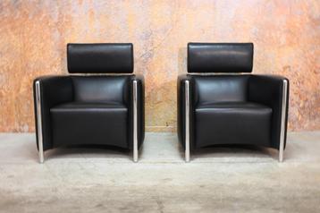 Als NIEUW 2 zwarte leren Leolux Goncharov design fauteuils beschikbaar voor biedingen