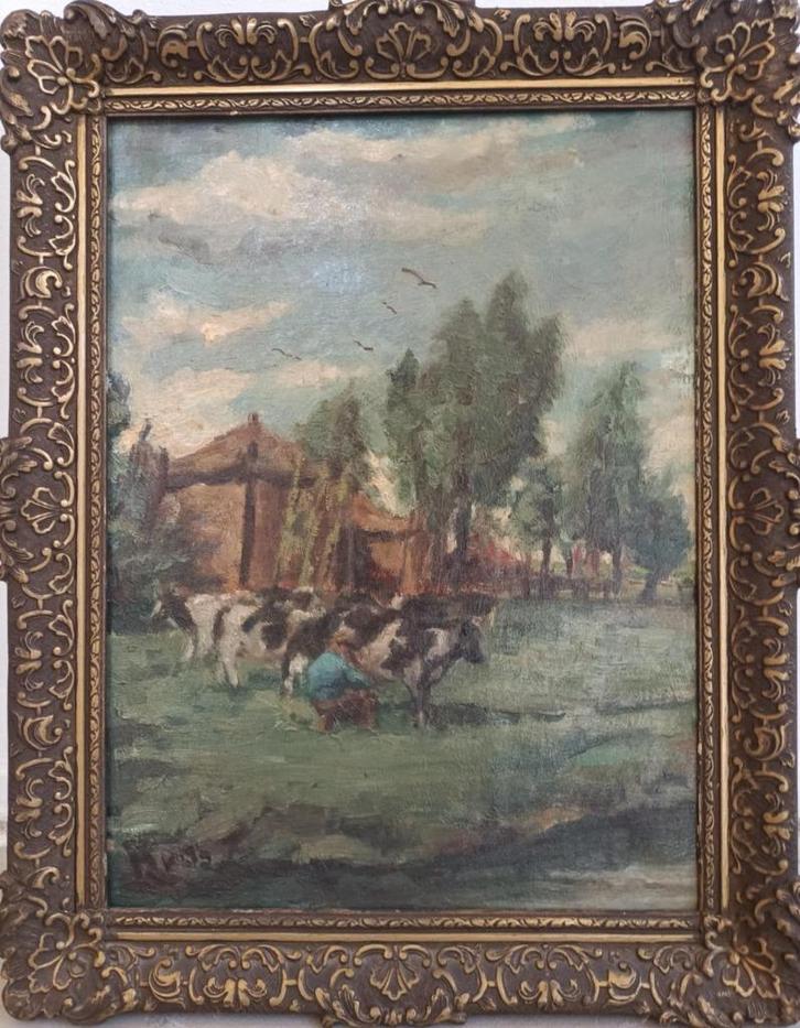 Henri van Os-Delhez (1880-1976) Landschap met koeien en boer, Antiek en Kunst, Kunst | Schilderijen | Klassiek, Ophalen of Verzenden