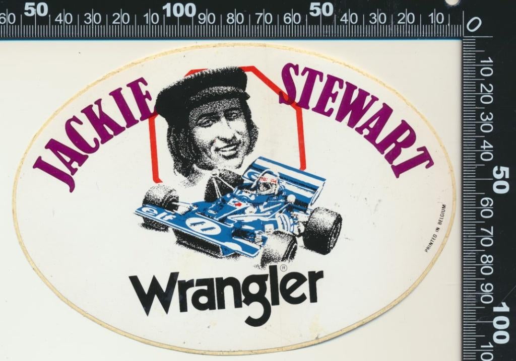 Sticker: Jackie Stewart - Wrangler Jeans and Jackets, Verzamelen, Stickers, Zo goed als nieuw, Auto of Motor, Ophalen of Verzenden