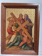 Kunstwerk De val van Jezus omlijst oude religieuze prent, Antiek en Kunst, Ophalen