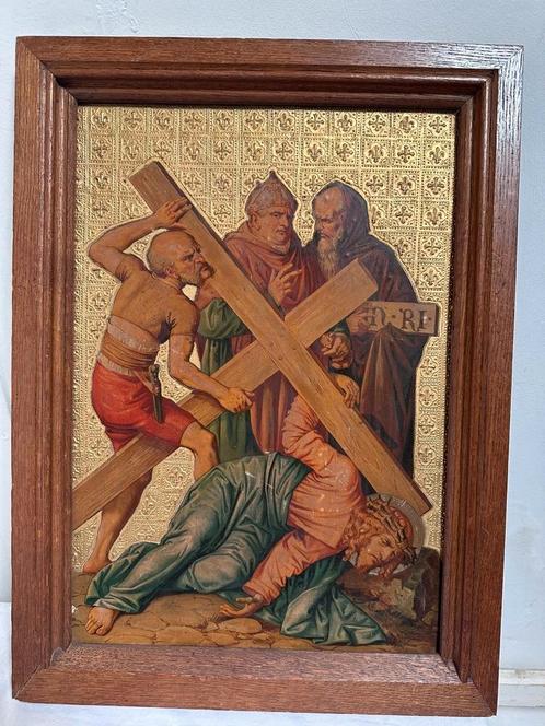 Kunstwerk De val van Jezus omlijst oude religieuze prent, Antiek en Kunst, Antiek | Religie, Ophalen